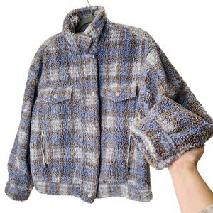 We The Free Fuzzy Loop Stitch Ivory Blue Tan Mock Neck Zip Jacket XS